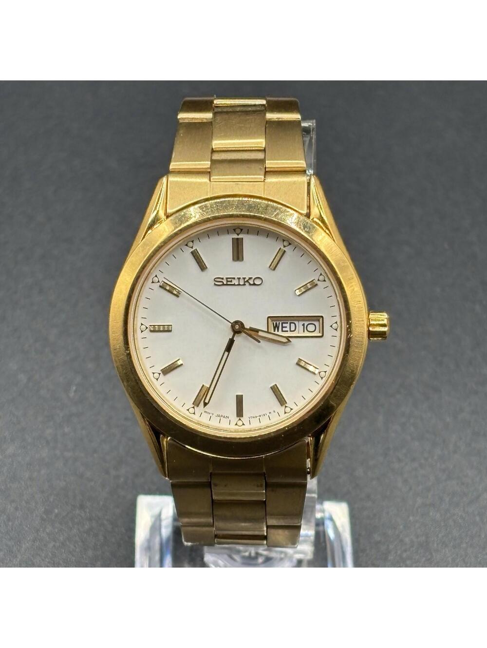 Mens Seiko Gold Tone 36mm Watch V743-9019 With White Dial - Running